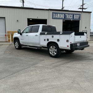 White Chevy Silverado 3500 with Diamond ST-Eliminator steel service body and open top tool compartments